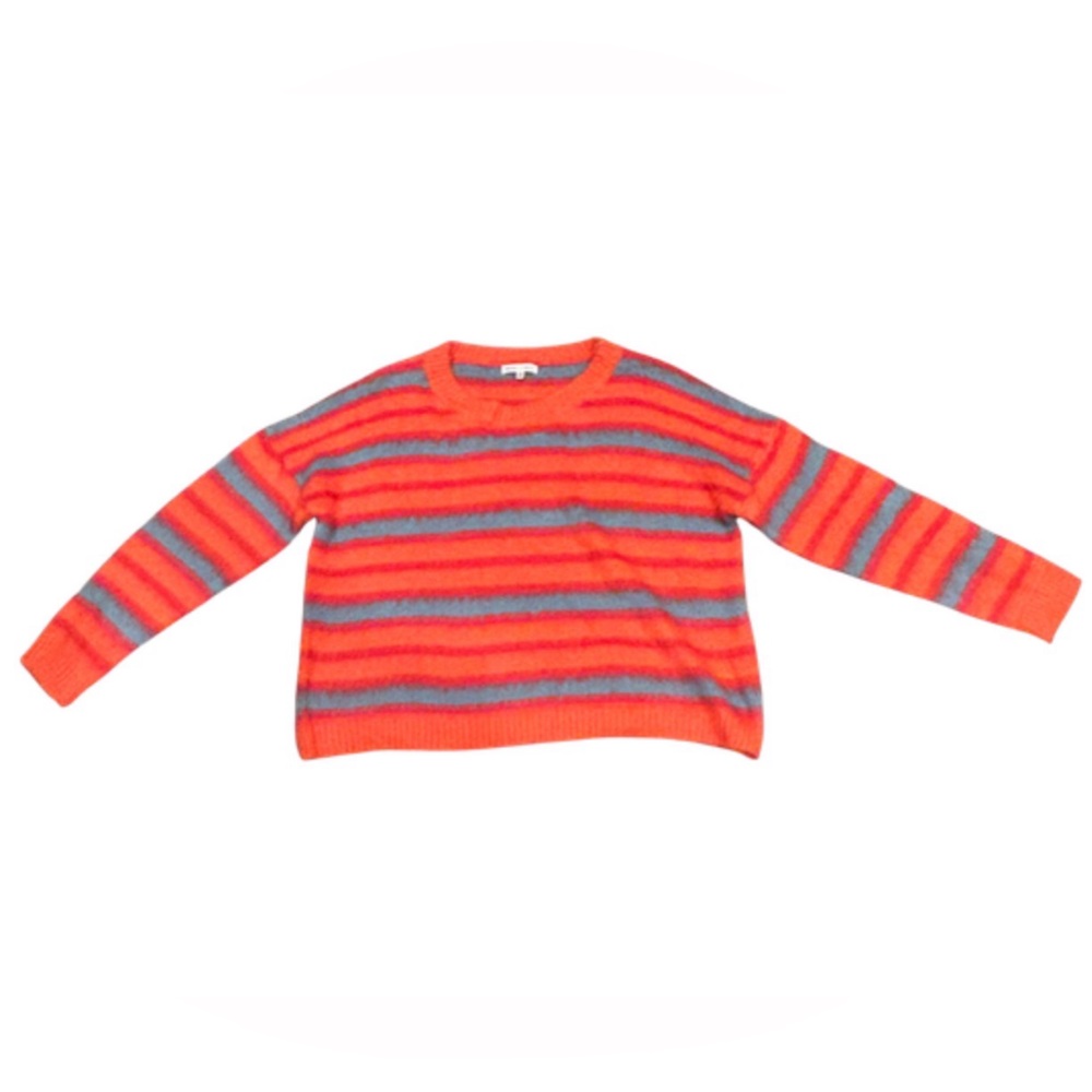 Woven Heart Striped Fuzzy Crew Neck Sweater | NWOT | Size S | Orange/Grey/Red
